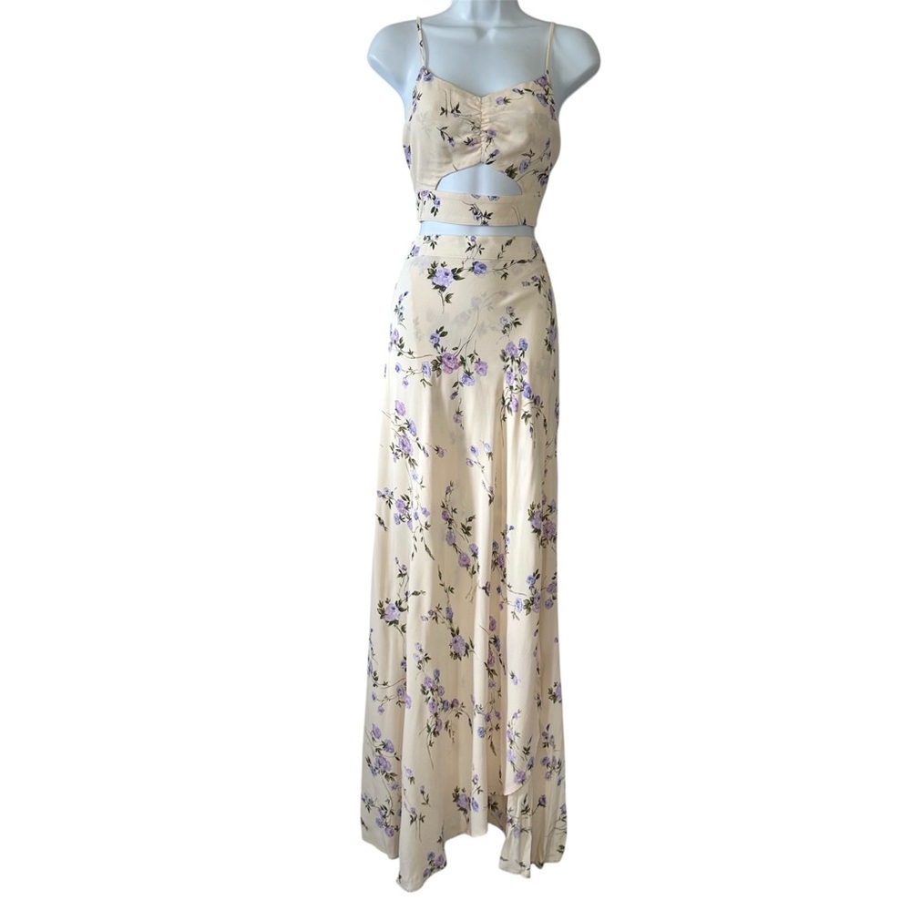 Flynn Skye Women’s Cream & Purple Floral Cut-Out Tank with Maxi Skirt Set- Large